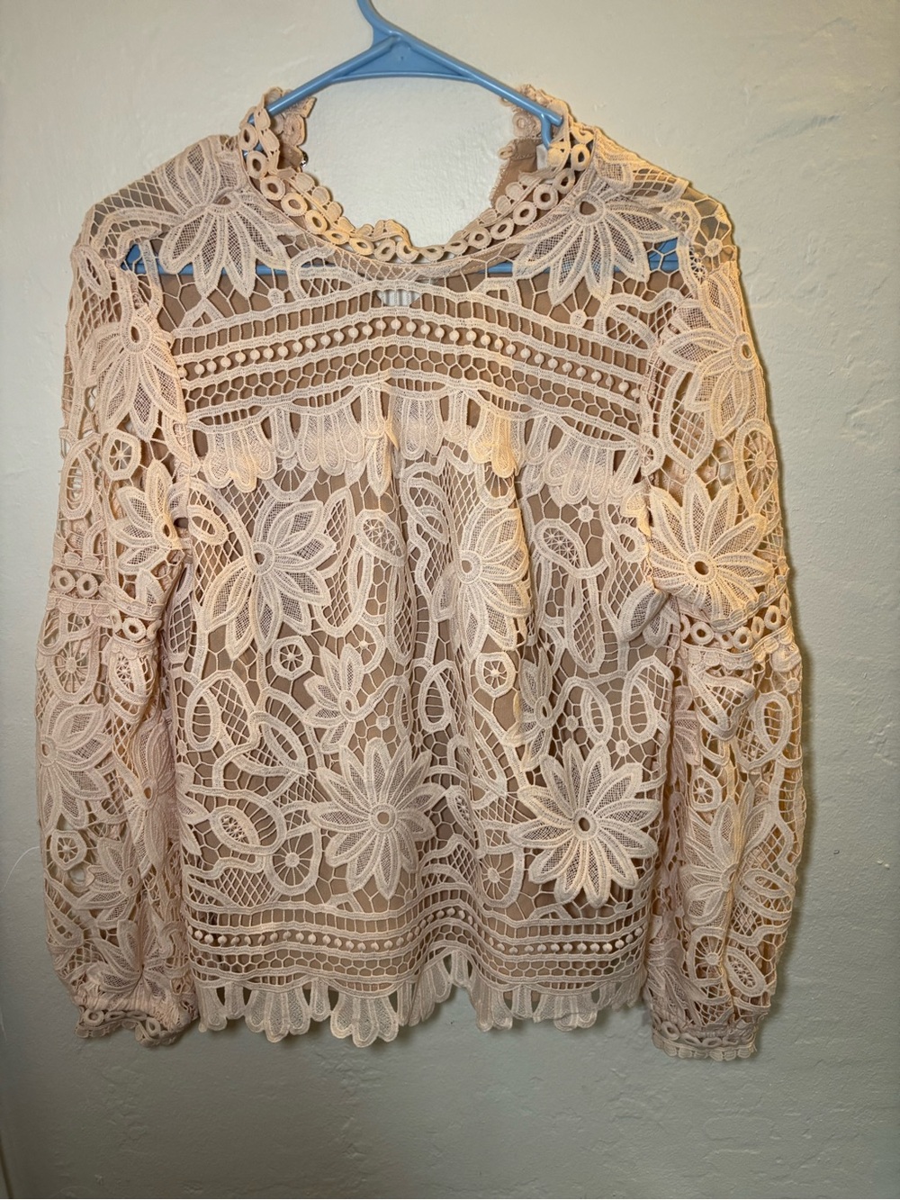 Women's Cream Lace Crochet Long-Sleeve Top - Elegant Floral Design